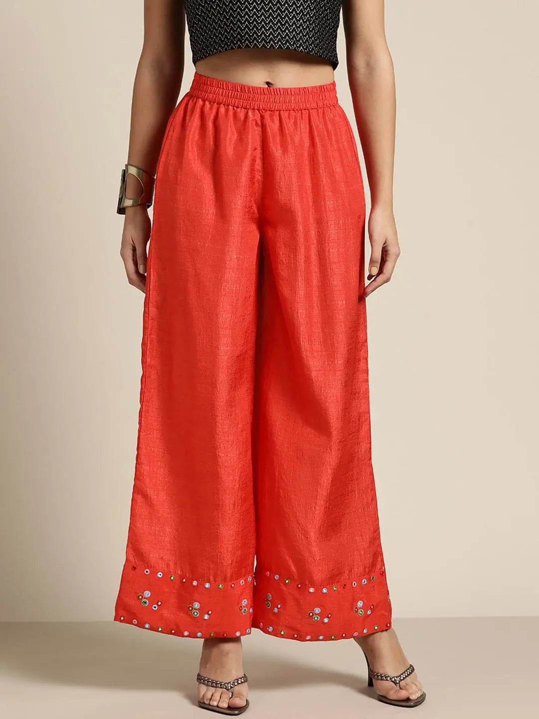 Women Orange Mirror Embroidered Palazzo Pants Slim-Fit Khaki Pants