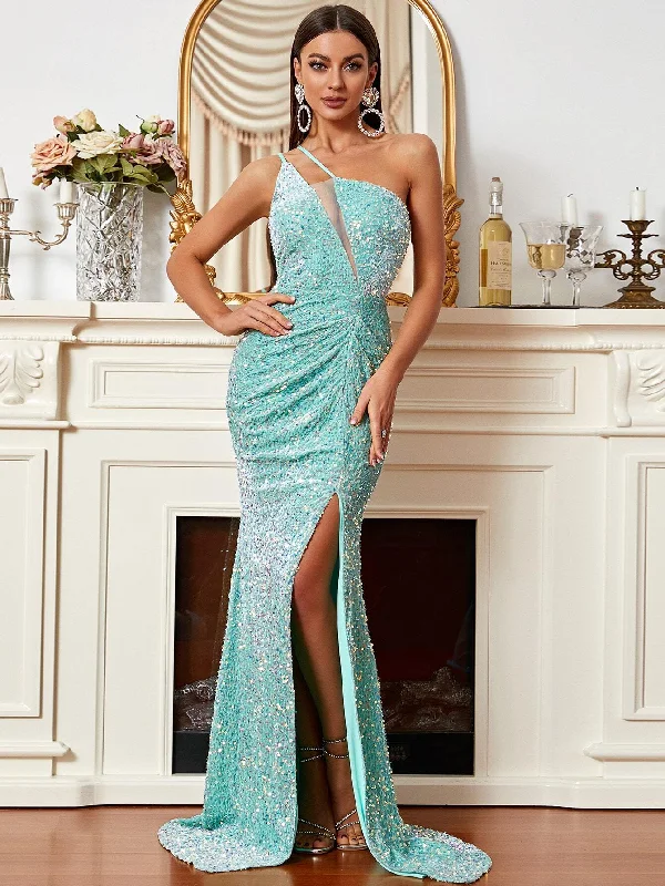 Asymmetrical Aqua Blue High Slit Sequin Party Dress Tunics Top rated