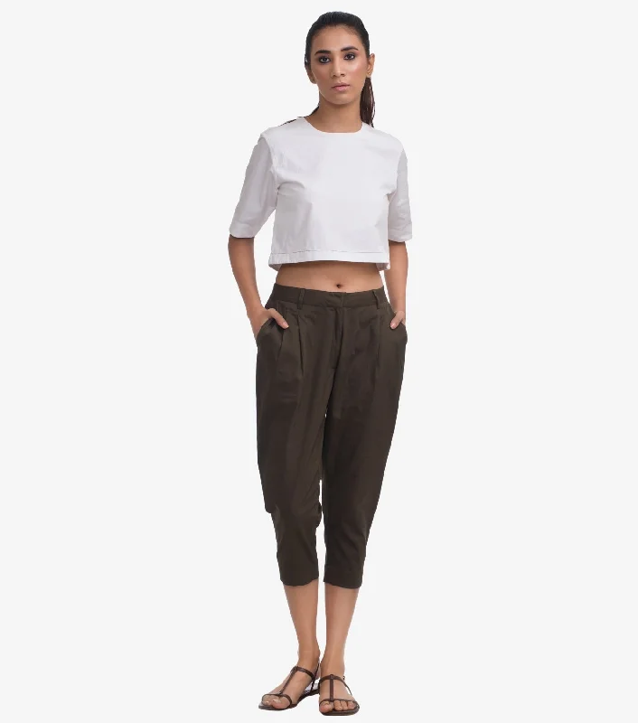 Olive Cotton Poplin Crop Pant Relaxed Casual Leggings