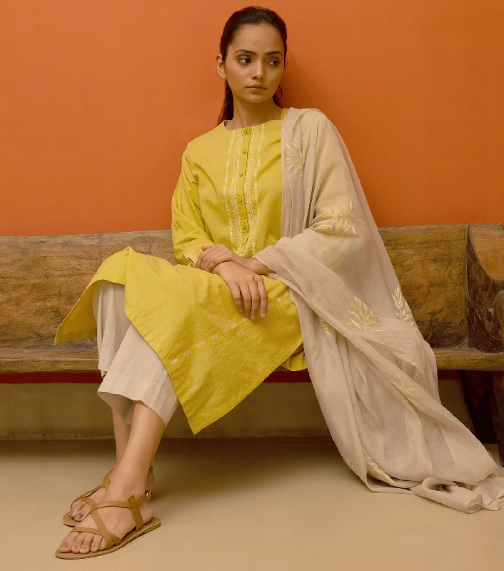 Yellow Cotton Kurta & White Palazzo Pants Set Formal Linen Trousers