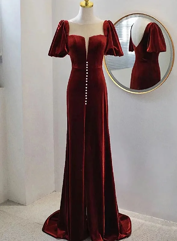 Wine Red Velvet Long Round Neckline Party Dress Wine Red Prom Dresses Tunics Exclusive limited Wine Red Velvet Long Round Neckline Party Dress Wine Red Prom Dresses Tunics Exclusive limited