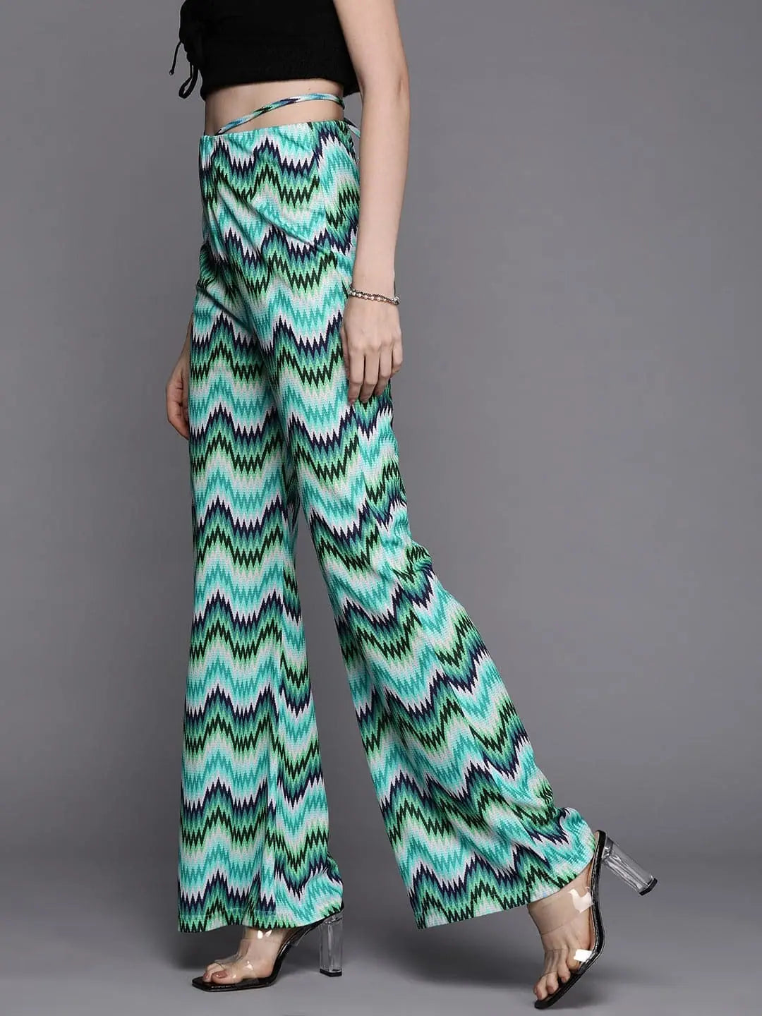 Women Blue Chevron Waist Tie Bellbottom Pants Stylish Paperbag Waist Pants