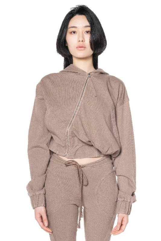 Washed Asymmetric Hoodie Brown Hoodie with Stripes Bold Sporty