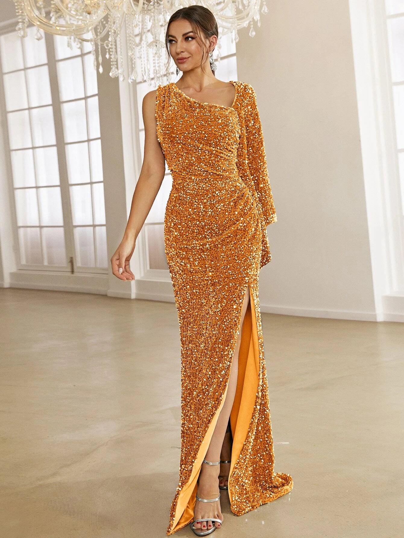 High Slit Draped Gold Sequin One-Sleeve Party Dress Tunics Sophisticated sleek