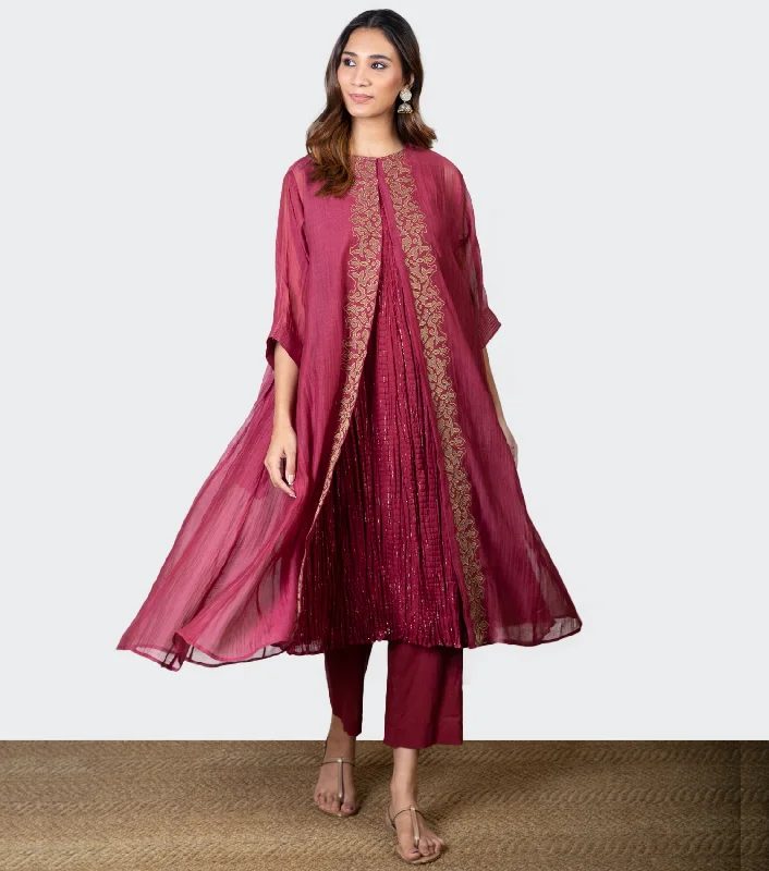 Maroon embroidered Chanderi Cape & Pants Set Trendy Velvet Pants
