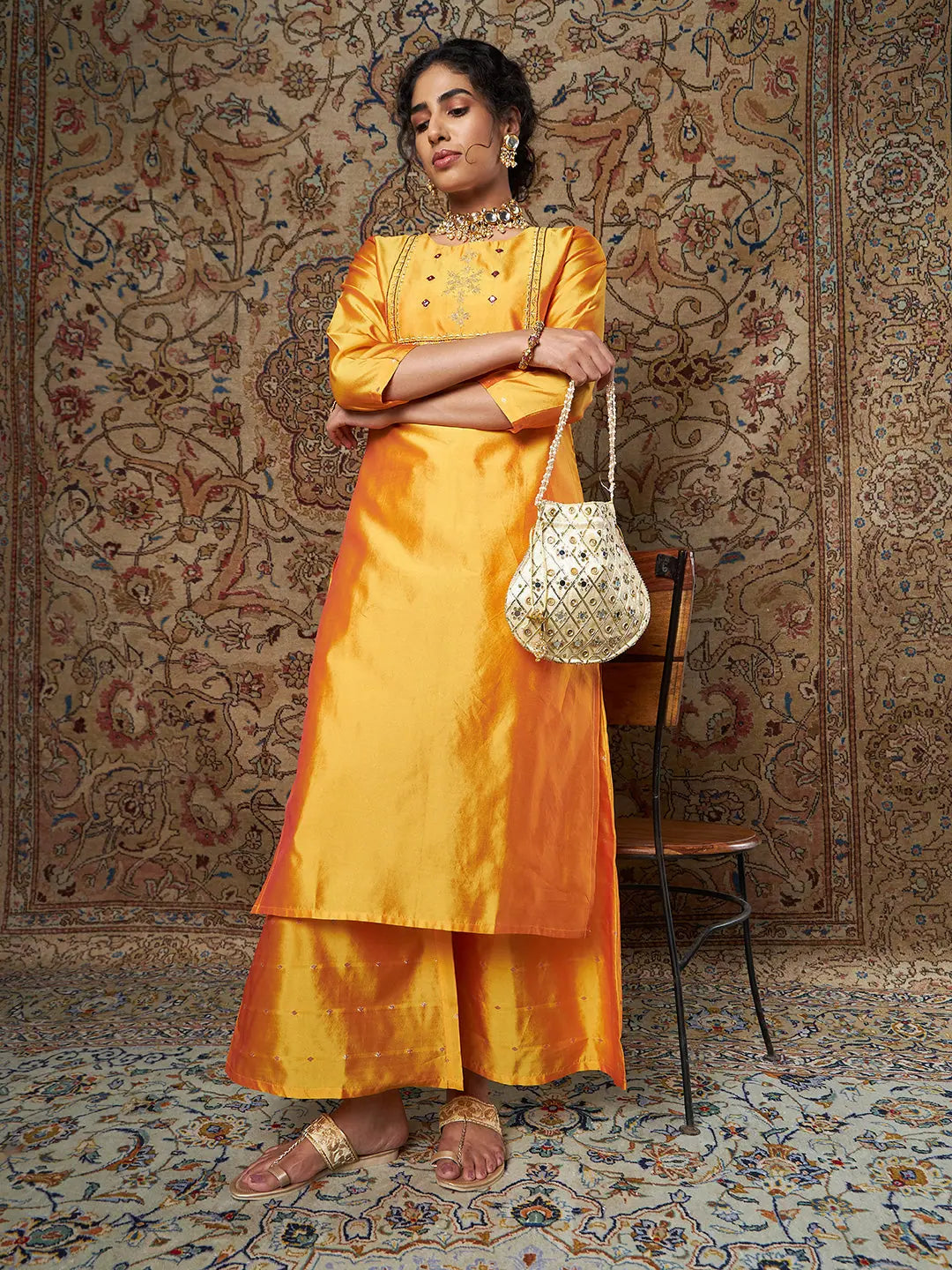 Women Mustard Zari Embroidered Kurta With Palazzo Pants Fashionable Jogger Pants