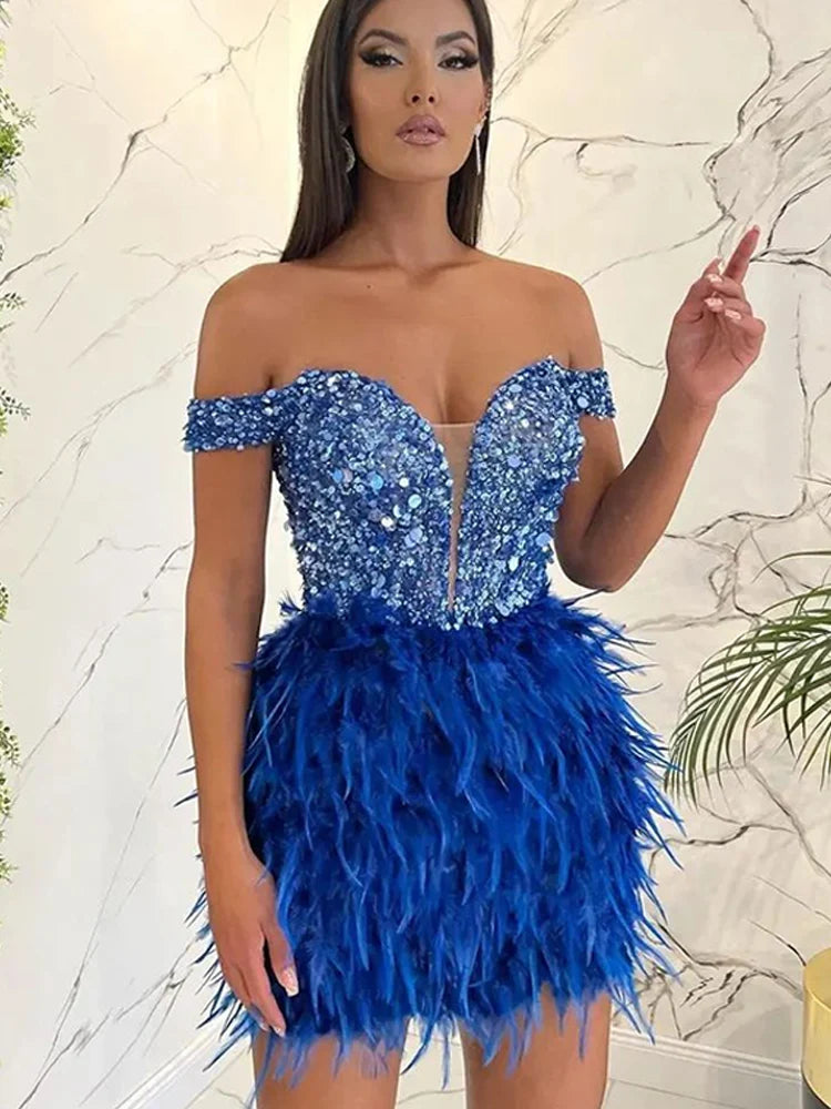 Sexy Sequins Feather Spliced Women Party Dresses 2022 Fall Sleeveless Backless Slash Neck Mini Dress Female Evening Club \ Tunics New arrival Sexy Sequins Feather Spliced Women Party Dresses 2022 Fall Sleeveless Backless Slash Neck Mini Dress Female Evening Club \ Tunics New arrival