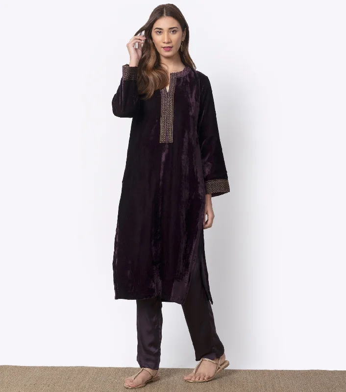 Plum Velvet embroidered Kurta & pants Set Soft Stretch Leggings