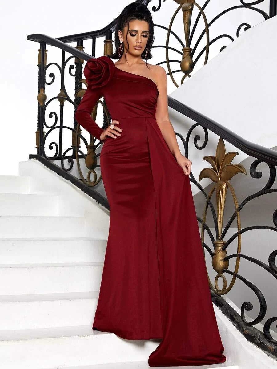 Rose Long Train One-Shoulder Burgundy Party Dress Tunics Practical easy-care