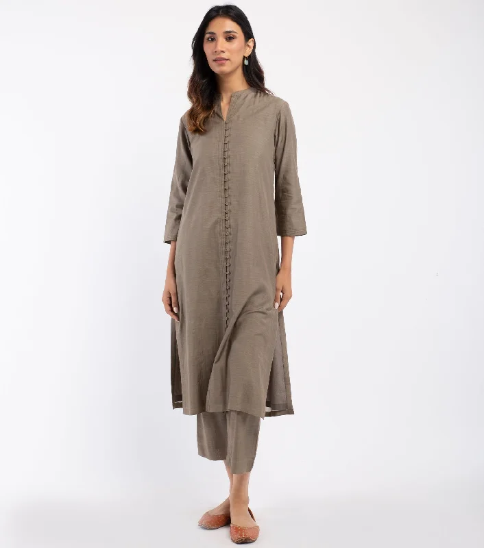Dull Green Cotton Silk Kurta & Cotton Pants Set Classic Straight-Leg Pants