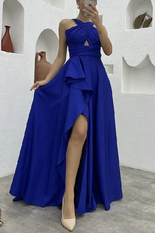 Halter Keyhole Ruffles Slit Party Dress Boatneck Modish Everyday