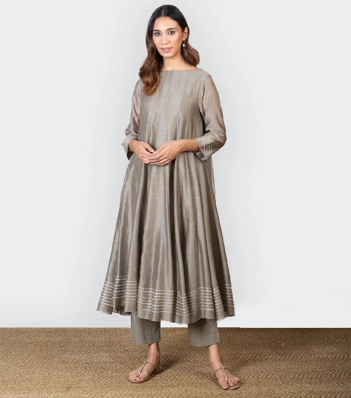 Greenish Grey Chanderi Cotton Kurta with Pants - Set of 2 Casual Plaid Pants