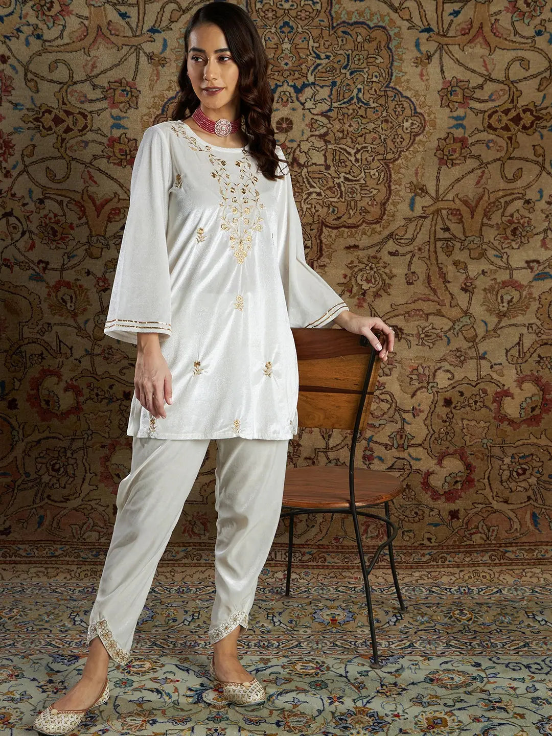 Women White Velvet Zari Embroidered Tulip Pants Comfortable Maternity Pants
