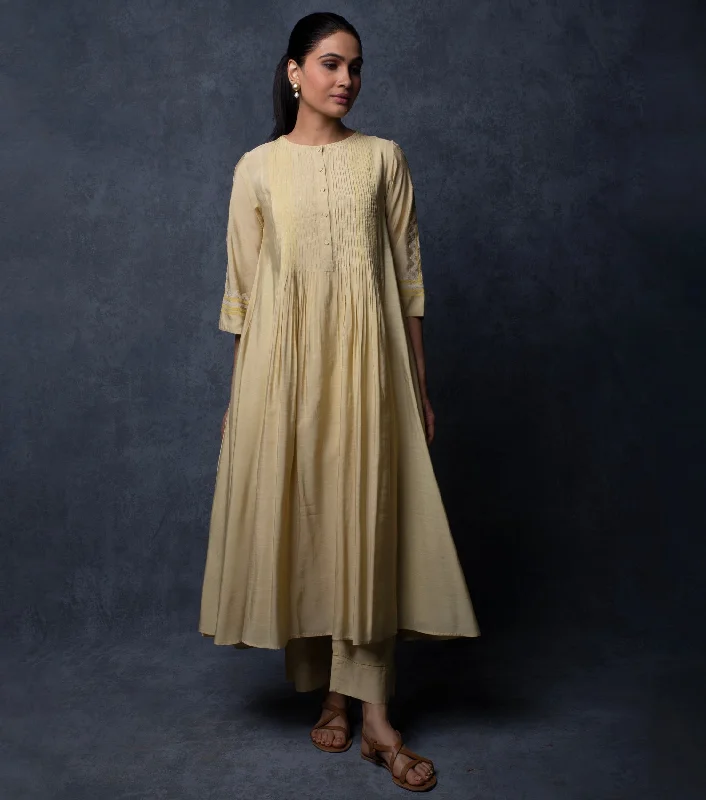 Beige Patch Work Embroidered Chanderi Kurta & Palazzo Pants set Lightweight Jogger Pants