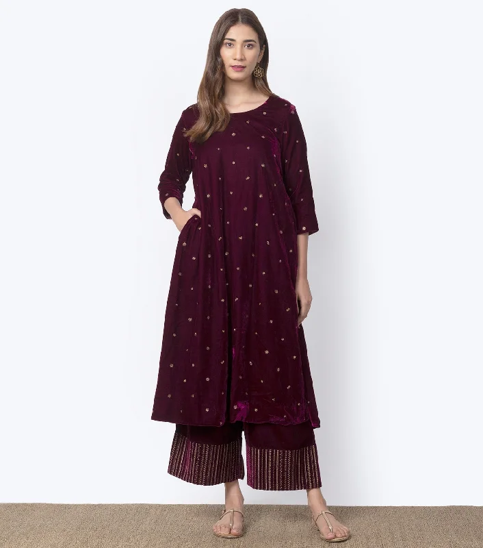 Wine Velvet Embroidered Kurta & Palazzo Pants set Casual Skinny Fit Pants