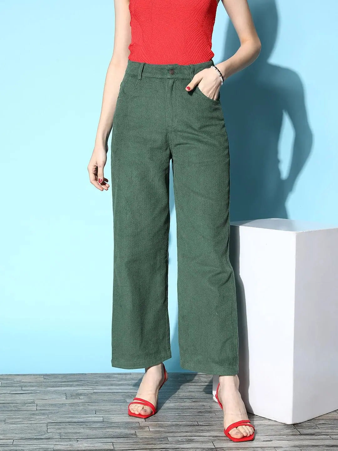 Women Green Corduroy Straight Pants Modern Skinny Pants