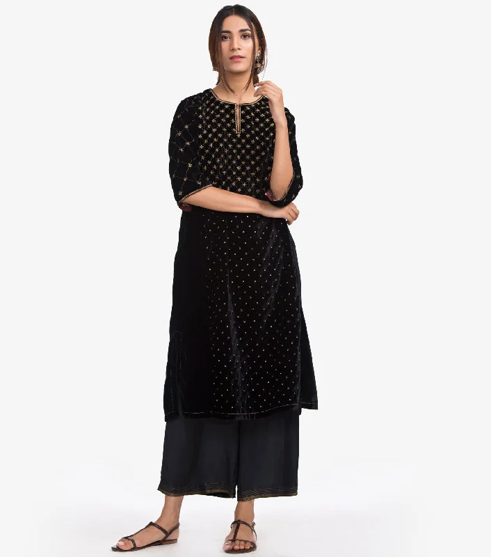Black Velvet Zari Embroidered Kurta & Viscose Palazzo Pants Set Trendy Wide-Leg Pants