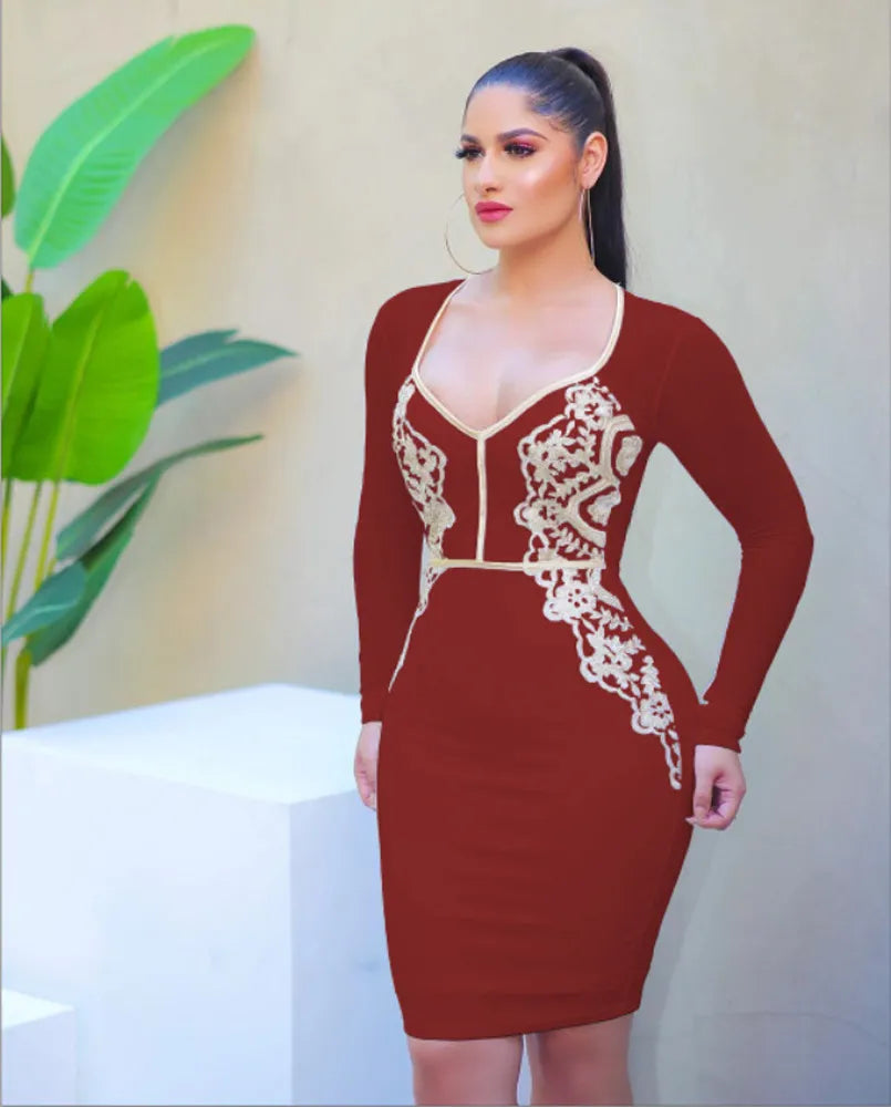 Sexy Women V-Neck Long Sleeve Bodycon Lace Party Dress Office Lady Bandage Pencil Dress Vestidos Tunics Long Elegant Sexy Women V-Neck Long Sleeve Bodycon Lace Party Dress Office Lady Bandage Pencil Dress Vestidos Tunics Long Elegant