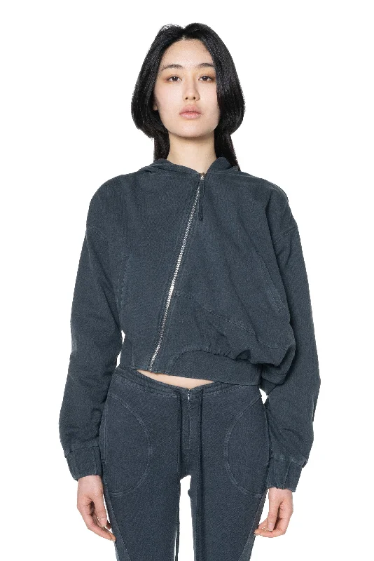 Washed Asymmetric Hoodie Grey Hoodie with Pattern Geometric Abstract