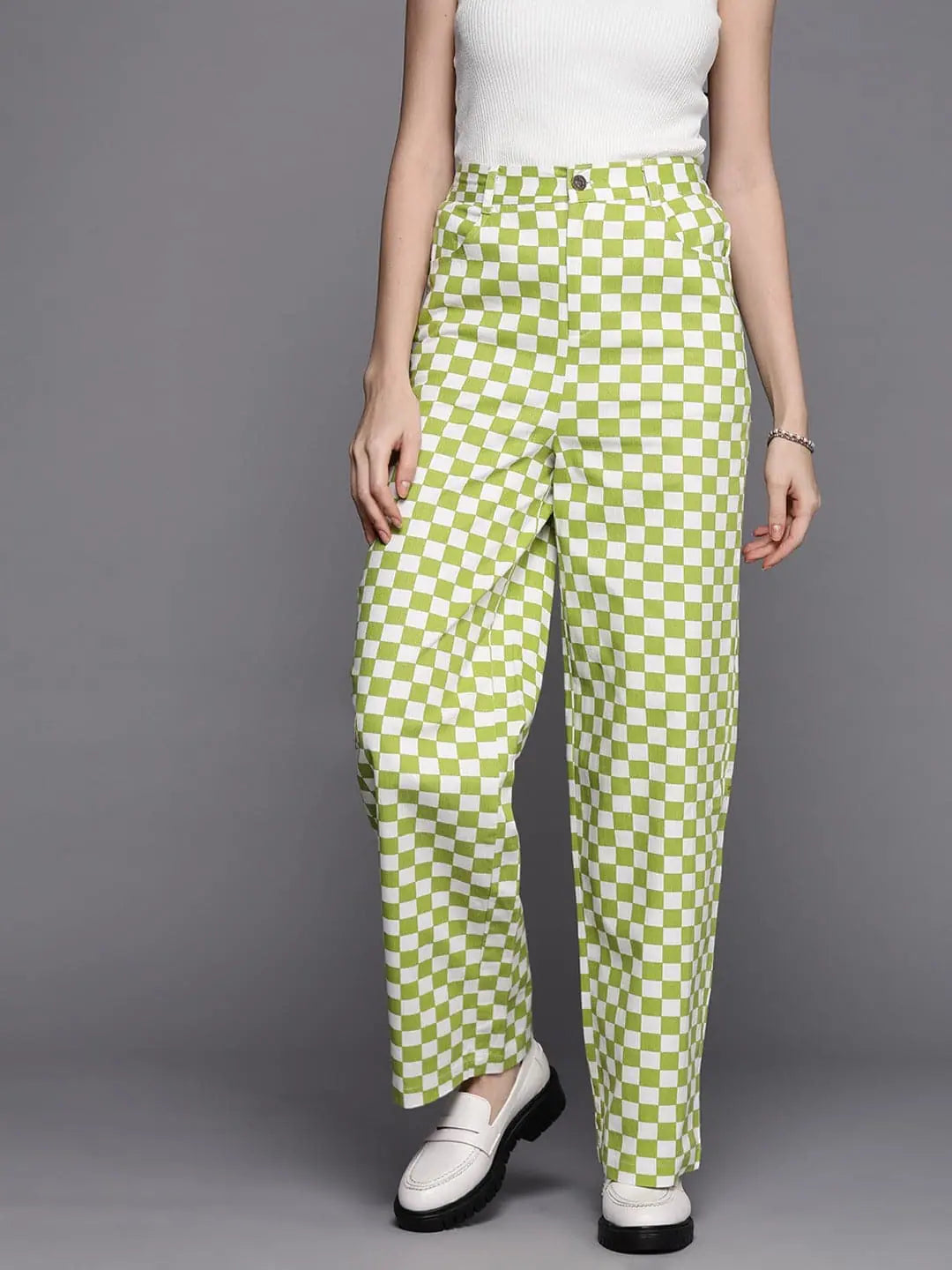 Women Green Chequerboard Print Twill Straight Pants Soft Stretch Trousers