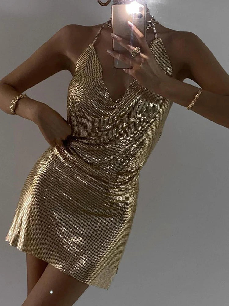 Sibybo Gold Sequins Diamonds Sexy Night Party Dress Women Sleeveless Halter Backless Mini Dresses Femme Clubwear V-Neck Vestidos High-Low Hemline Casual Sibybo Gold Sequins Diamonds Sexy Night Party Dress Women Sleeveless Halter Backless Mini Dresses Femme Clubwear V-Neck Vestidos High-Low Hemline Casual