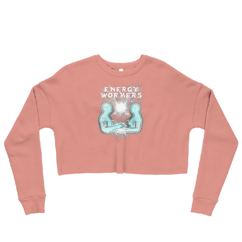 Energy Workers Graphic Crop Sweatshirt Hoodie with Raw Hem Edgy Unfinished