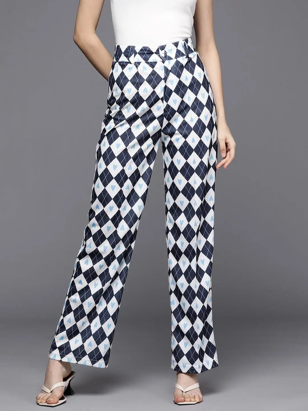 Women Navy Geometric Print Straight Pants Comfy Zip-Up Pants