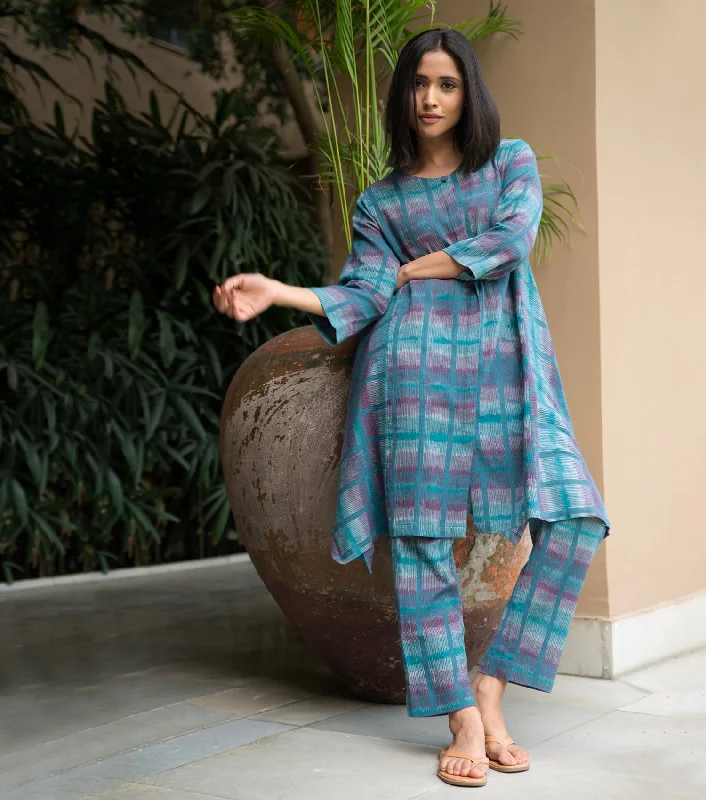 Teal Blue Printed Cotton Kurta with Pants Set Fashionable Track Pants