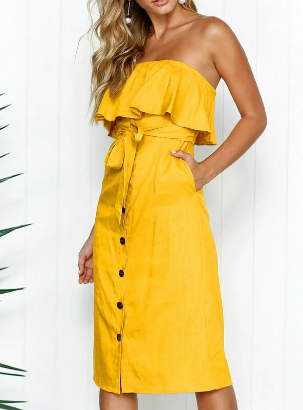 Strapless Ruffles Buttons Yellow Midi Ladies Elegant Party Dresses Tunics Timeless classic Strapless Ruffles Buttons Yellow Midi Ladies Elegant Party Dresses Tunics Timeless classic