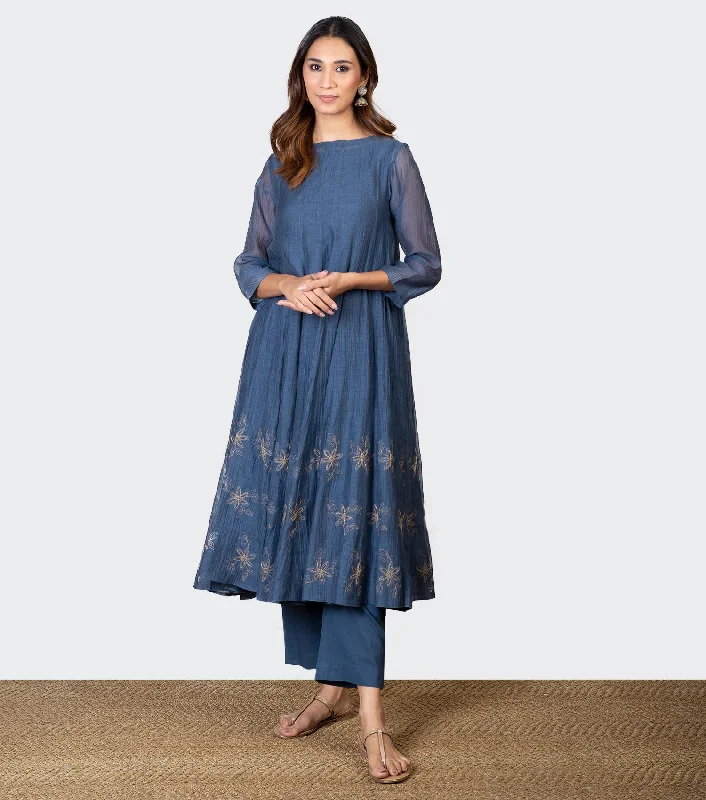 Blue Zari Embroidered Chanderi Kurta with Slip and Pants - Set of 2 Fashionable Button-Up Pants Blue Zari Embroidered Chanderi Kurta with Slip and Pants - Set of 2 Fashionable Button-Up Pants