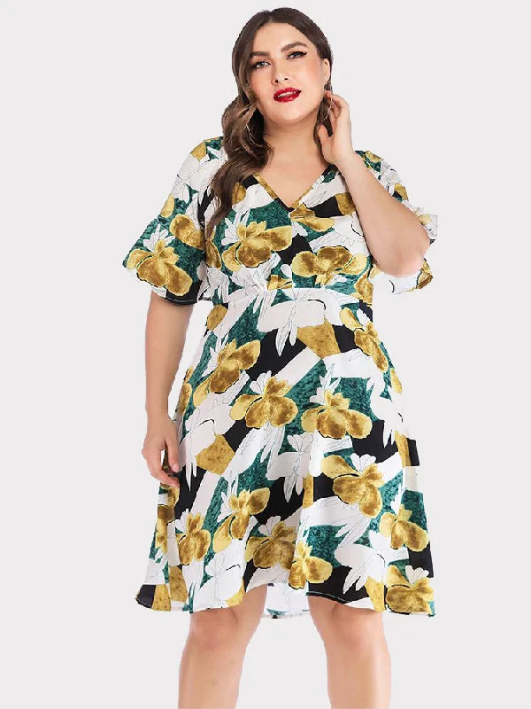 Ruffle Print Stitching Dress Tunics Business professional