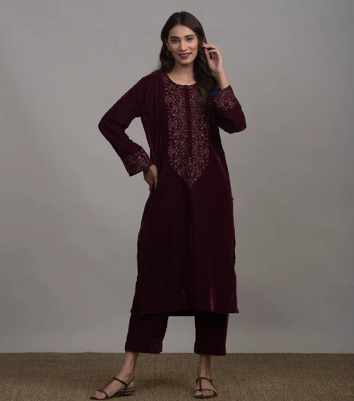 Maroon Embroidered Velvet Kurta & Pants Set Casual Drawstring Pants