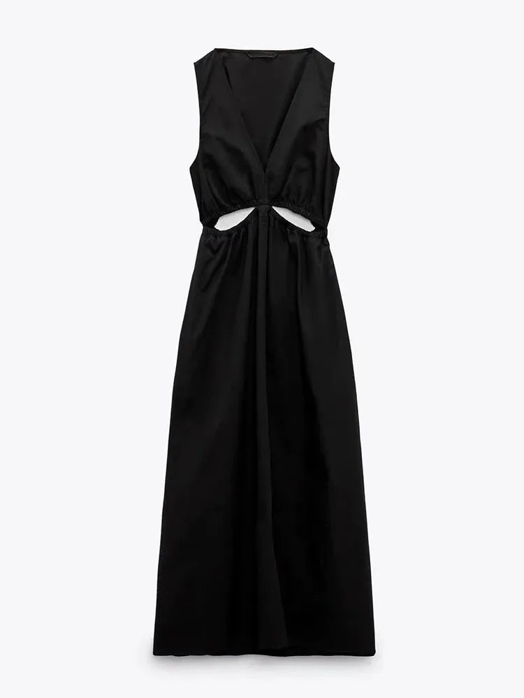 TRAF Women's Chic Party Dresses Y2K Fashion Sexy V-Neck Hollow Design Sleeveless Long Dresses Temperament Streetwear Women's empire Waist empire TRAF Women's Chic Party Dresses Y2K Fashion Sexy V-Neck Hollow Design Sleeveless Long Dresses Temperament Streetwear Women's empire Waist empire