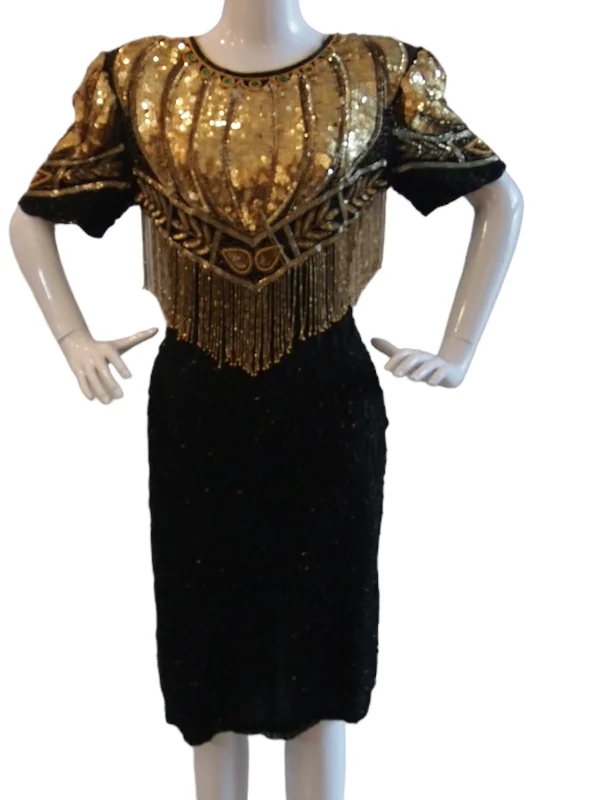 Feisty Flapper Black Gold Fully Beaded Sequinned Cocktail Evening Dress Halter Neckline Beach
