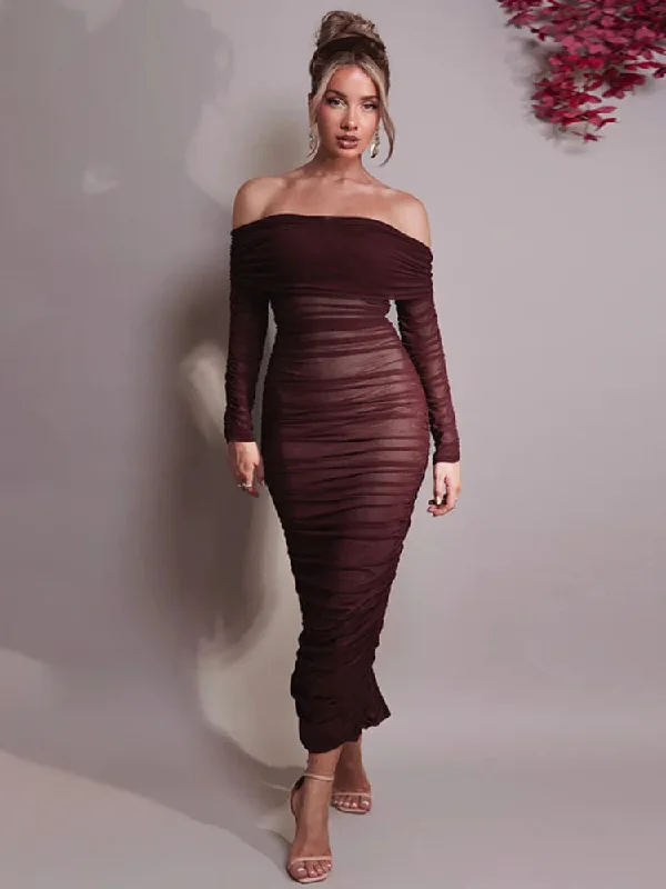 Red Christmas Party Dress - Off Shoulder, Long Sleeve, Backless, Ruched Tunics Cozy soft