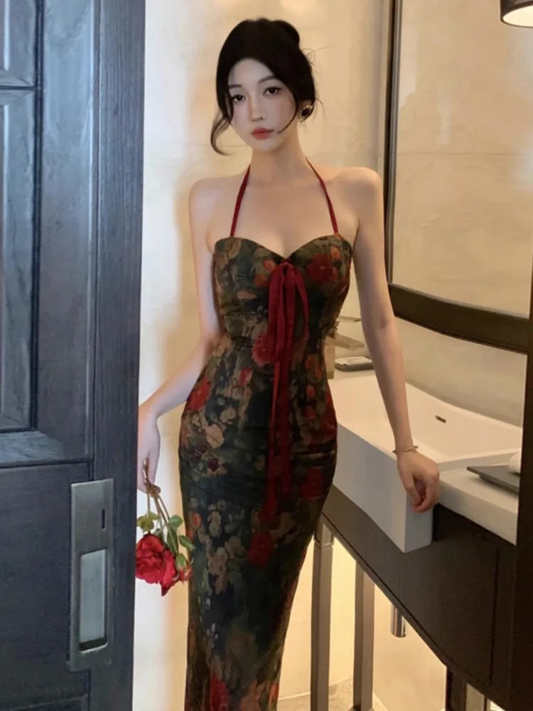 Advbridge Vintage Halter Printed Strapless Party Dresses Women Evening Gown French Sexy High Waist Slim Fit Cocktail Prom Vestido Cowl Neckline Elegant Advbridge Vintage Halter Printed Strapless Party Dresses Women Evening Gown French Sexy High Waist Slim Fit Cocktail Prom Vestido Cowl Neckline Elegant