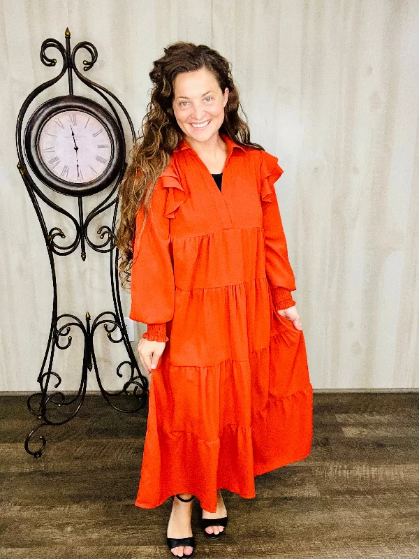 Michelle Ruffle Swing Dress-Rust Tunics Modern contemporary