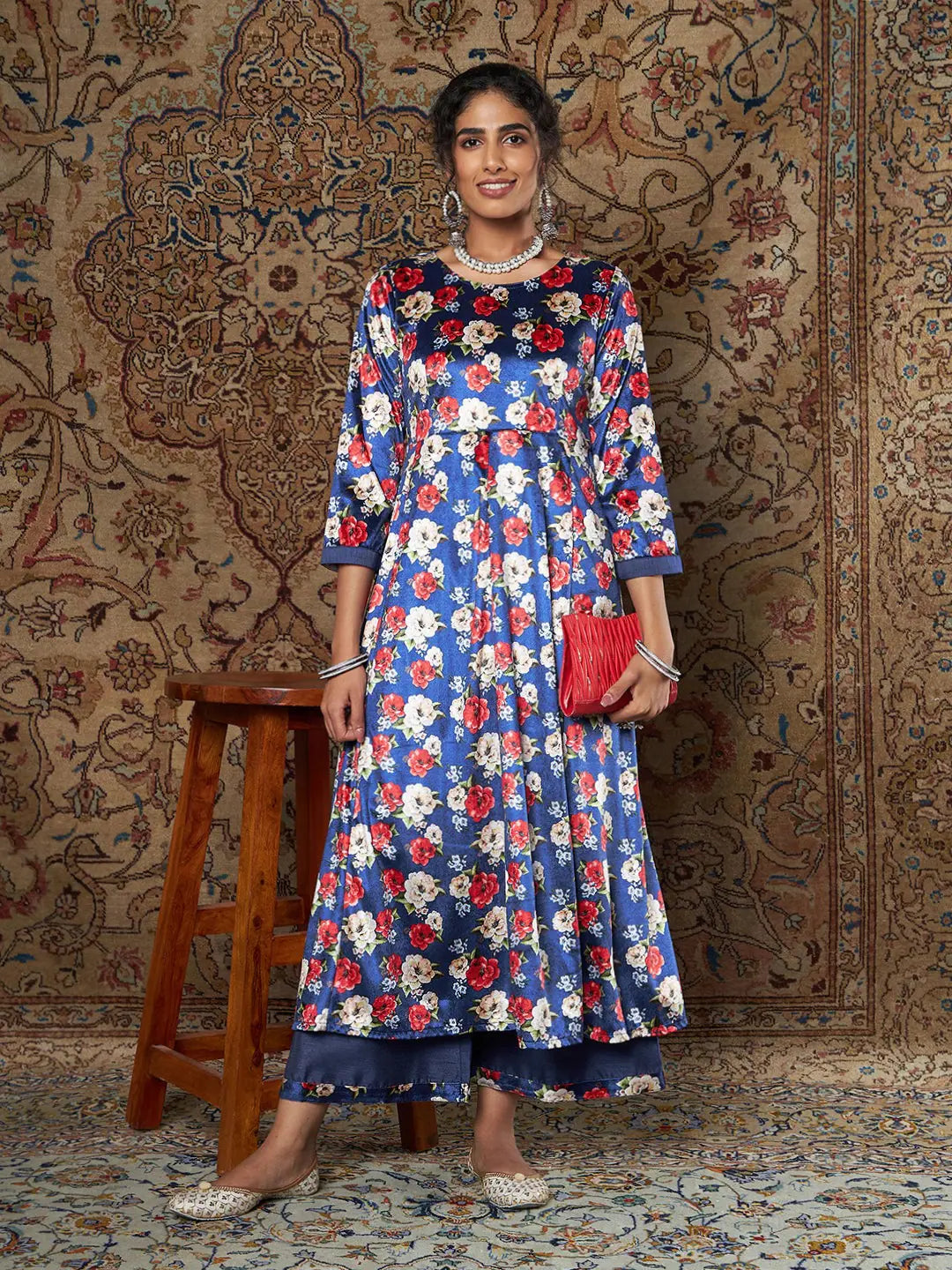 Women Royal Blue Floral Velvet Kurta With Palazzo Pants Stylish Harem Pants