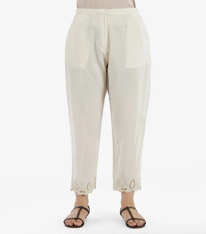 Natural Cotton Cutwork Pant Stylish Paperbag Waist Pants