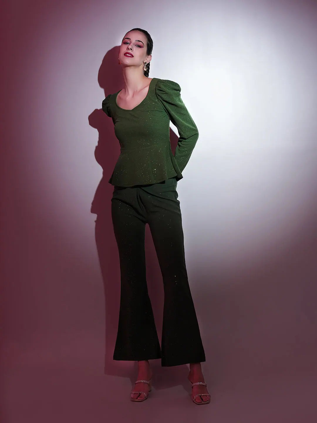 Women Olive Shimmer Twisted Bellbottom Pants Comfortable Denim Leggings