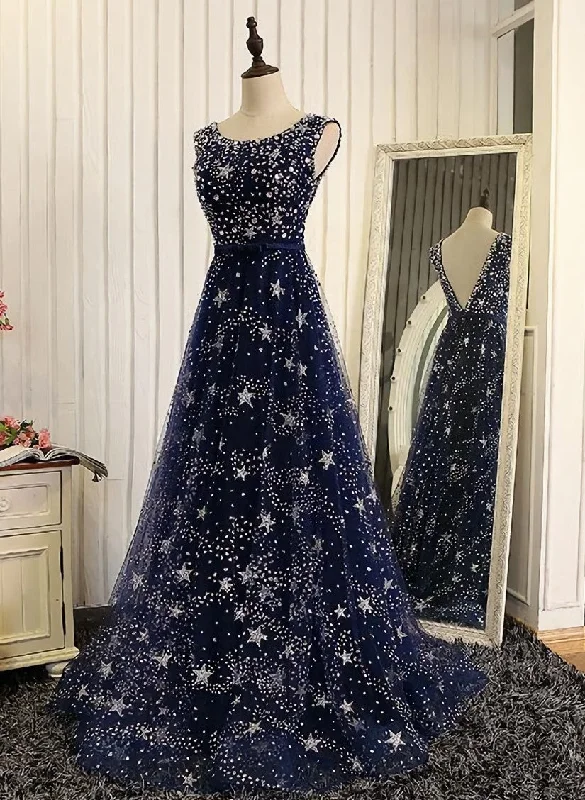 Navy Blue Shiny Tulle A-line Round Neckline Long Party Dress, Blue Prom Dresses Tunics Prom sequined Navy Blue Shiny Tulle A-line Round Neckline Long Party Dress, Blue Prom Dresses Tunics Prom sequined