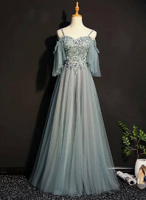 Light Green Tulle A-line Off Shoulder Party Dress, Long Prom Dress Tunics Velvet soft Light Green Tulle A-line Off Shoulder Party Dress, Long Prom Dress Tunics Velvet soft