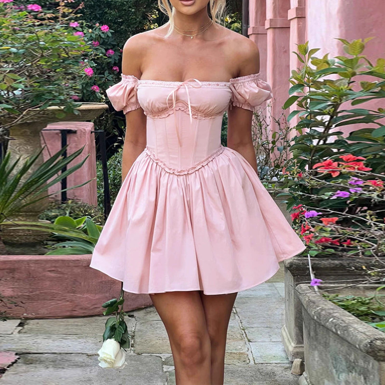 Advbridge Women's Vintage Off Shoulder Puff Short Sleeve Solid Color/Floral Print Backless Corset A-Line High Waist Party Dress Tunics Lace romantic Advbridge Women's Vintage Off Shoulder Puff Short Sleeve Solid Color/Floral Print Backless Corset A-Line High Waist Party Dress Tunics Lace romantic