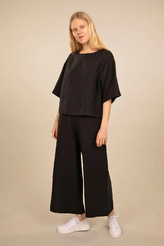 Ratia Minttu Black Wide Leg Cropped Linen Pants Trendy Wide-Legged Trousers