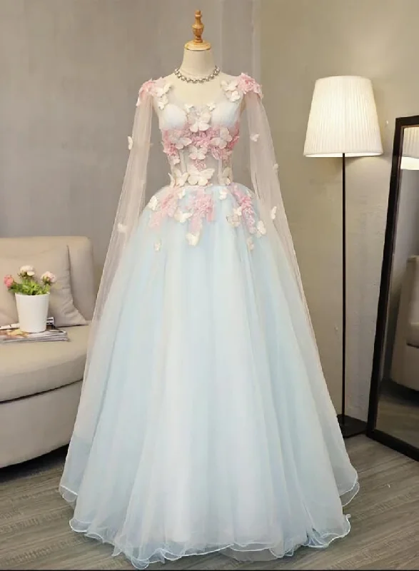Light Blue Long Formal Dress Party Dresses, Unique Blue Prom Dress Gown Tunics Spring floral Light Blue Long Formal Dress Party Dresses, Unique Blue Prom Dress Gown Tunics Spring floral