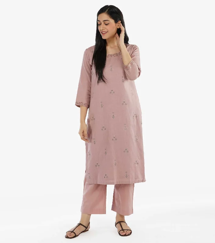 Blush pink cotton linen kurta & pants set Casual Track Pants