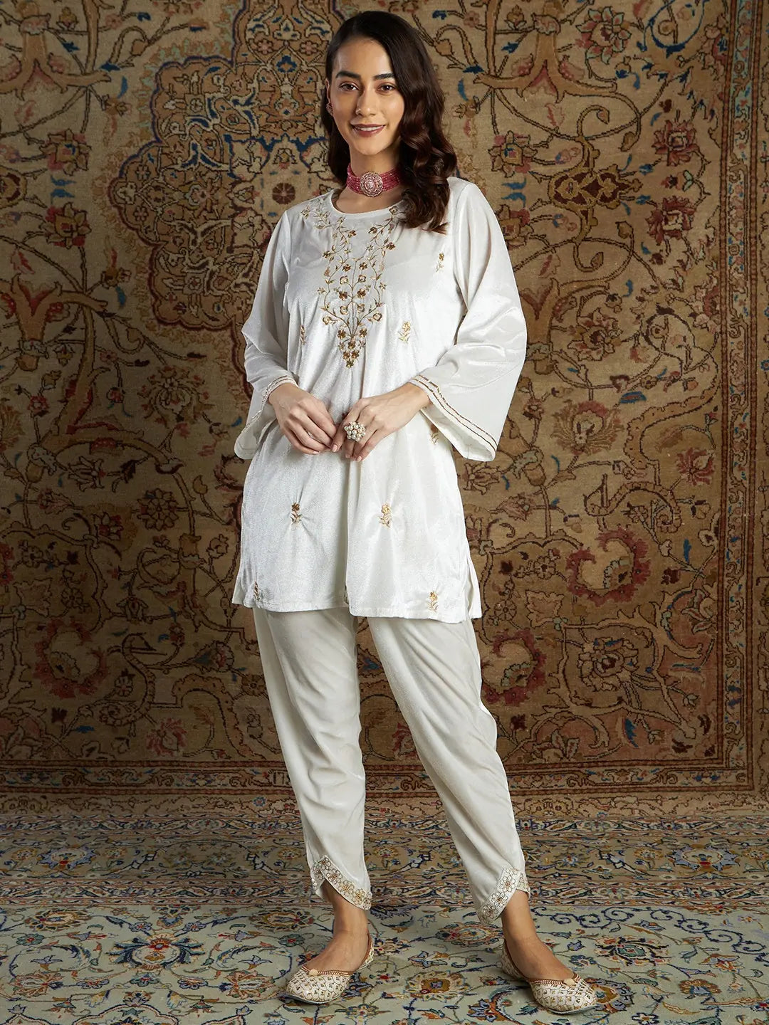 Women White Velvet Zari Short Kurta With Tulip Pants Sleek Black Pants
