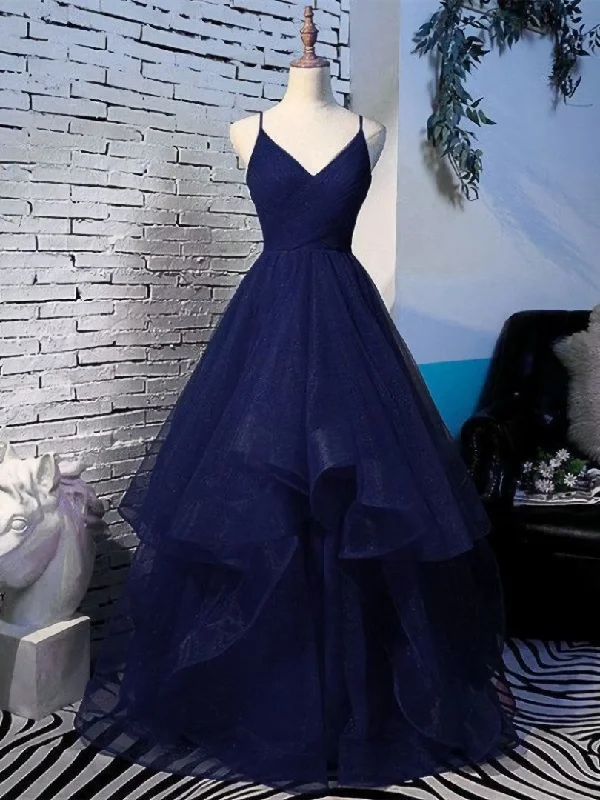 Pretty Navy Blue Tulle Layers Straps Long Party Dress, Blue Prom Dress Tunics Floral girly