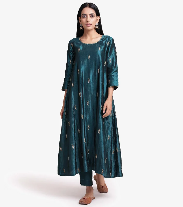 Emerald Green Embroidered Silk Kurta & Pants Set Casual Lounge Pants