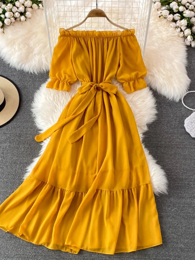 Beach Dress Women Sexy Off The Shoulder Slash Beach Chiffon Dresses Ladies Elegant A Line Bandage Party Dress Long Robe Tunics Luxurious high-end Beach Dress Women Sexy Off The Shoulder Slash Beach Chiffon Dresses Ladies Elegant A Line Bandage Party Dress Long Robe Tunics Luxurious high-end